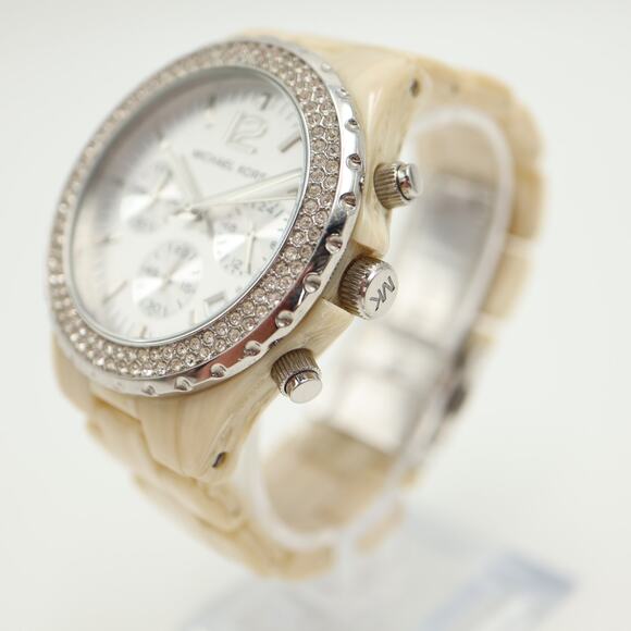 Michael Kors 42mm Chronograph Watch 6" Jet Set Horn Beige Acrylic w New Battery - Picture 10 of 13